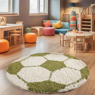 SIMPEX Kinderteppich Rund 120 cm Grün Weiß Weicher Hochflor Spielteppich mit Fußball Motiv Pflegeleicht & rutschfest Ideal für Jungenzimmer & Mädchenzimmer im Jugendstil