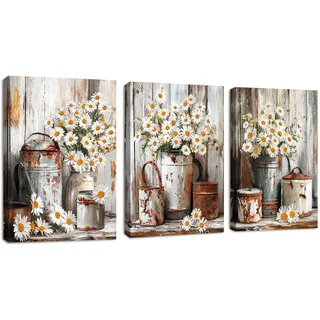 3 Pcs Rustikales Gänseblümchen Leinwandbilder Bilder Set mit Rahmen, Weinlese Bauernhaus Weiß Floral Wandbilder Schlafzimmer Bild Auf Leinwand Kunstdruck Deko für Wohnzimmer zum Aufhängen 30x40cmx3