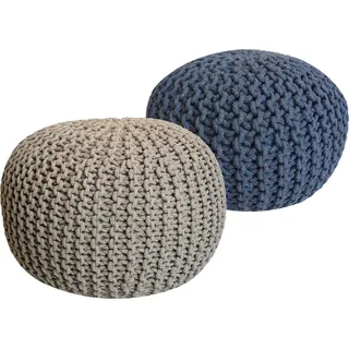 Strickhocker 2er Set Pouf Sitzpouf Sitzpuff Pouf Bodenkissen Ø 55cm beige/blau - Beige, Blau