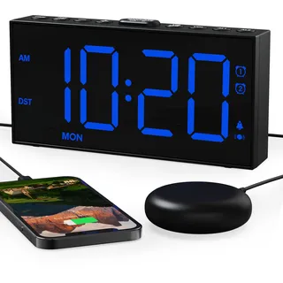ROCAM Wecker Laut für Tiefschläfer&Gehörlose,7'' Großes Display,Fette Schrift,Wecker mit Vibrator,Einstellbare Helligkeit,Doppelalarm,Snooze,USB-Ladegerät,zur Nutzung im Schlafzimmer(blau