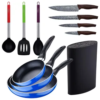 3-teiliges Pfannen-Set (16 + 20 + 24 cm) aus gepresstem Aluminium, Induktion, Marineblau, mit 3 Kuchenutensilien, Nylon, mit 4 Messern aus Edelstahl