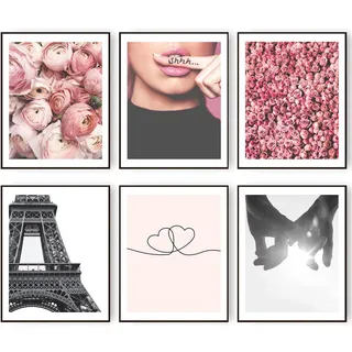 HoozGee Wandkunstdrucke, Paris-Dekor für Schlafzimmer, rosa Blume, Wanddekor-Linie, minimalistisch, herzförmig, Liebe, Händchenhalten, Poster, Mode, Paris, Fotografie, Bilder, Raumdekoration (20,3 x