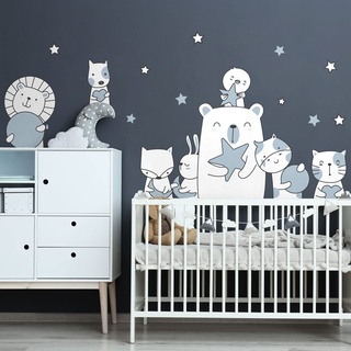 Wandsticker Kinder Dekoration Babyzimmer Wandtattoo Kinderzimmer Wandaufkleber Tiere Freunde Sterne Wandsticker H90 x 60 cm