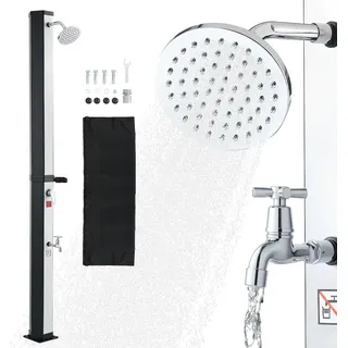 Solardusche - Gartendusche / Außendusche 35 l - Höhe 216 cm - Warm- & Kaltwasser - Fußarmatur & Seifenablage - Bis 60 °C - Schwarz/Silber