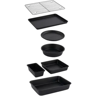 Salter Bakes 7-teiliges Backgeschirr Set, Antihaftbeschichtet, Backblech, Kuchenform, Tortenform, Brownie-Pfanne, Bratdose, Kühlregal, Backutensilien, Ofensicher bis 220°C, Kompakte Lagerung, Schwarz
