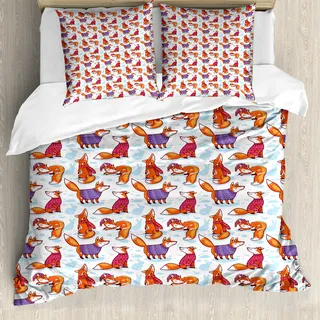 ABAKUHAUS Fuchs Bettbezug, Tiere im Winter Pullover, Milbensicher Allergiker geeignet mit Kissenbezügen, 155 cm x 220 cm - 80 x 80 cm, Mehrfarbig