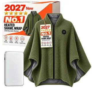 Heizdecke mit Akku, USB Heizdecke Umhang, 150x80cm Wärmedecke Elektrisch, Beheizte Poncho mit Reißverschluss, 3 Heizstufen, Tragbare Decke zum Tragen für Zuhause, Büro (03+10000mAh-Powerbank)
