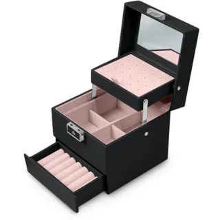 Massido Schmuckkästchen Schmuckschatulle mit Spiegel Schmuckaufbewahrung Organizer Tragbar 13 cm x 13 cm x 12,5 cm Schwarz