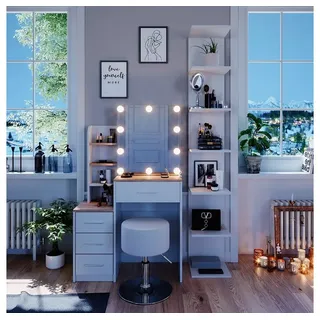 Vicco Schminktisch Conrada Weiß Sonoma Schminkspiegel 80x132 modern Hocker LED Beleuchtung und