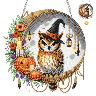 MISCER Eule Diamond painting Hängende Ornament Kit, Halloween DIY Doppelseitig Diamant Malerei Fensterbilder Anhänger, Diamant Kunst Anhänger Kit für Kinder Erwachsene Tür-oder Fenster Wand Deko