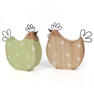 Hühner Paar zum Hinstellen, 2 Stück: Holz Huhn Deko Frühling & Ostern, Frühlingsdeko, Osterdekoration Rustikal, Dekohuhn Figuren Klein, Osterdeko Natur Grün, Holzhühner Tisch & Fensterbank, 12,5 cm