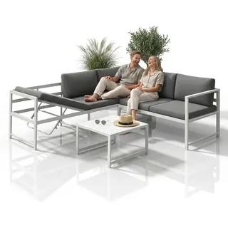 Mucola Sitzgruppe Aluminium Lounge Ecksofa mit Liegefunktion wetterfest Grau Tisch Gartengarnitur Terrassenmöbel - Weiß - Weiß