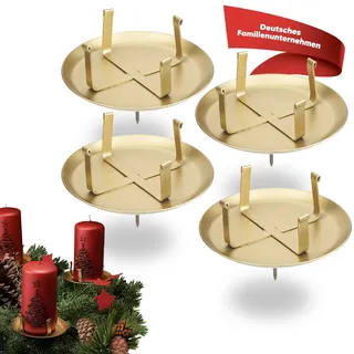 WIKAKERZEN Adventskerzenhalter 4er Set | Kerzenhalter ohne Dorn | Gold | stabil für LED & Wachskerzen | Kerzenstecker für Adventskranz für Ø 6 cm Kerze