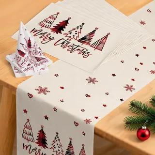 YCOLL Weihnachtsdeko Tisch Tischläufer Beige Winter Weihnachtsläufer Modern Wasserabweisend, mit Platzsets & Servietten Set für Drinnen Draußen Party Küche Esstisch Party Dekoration