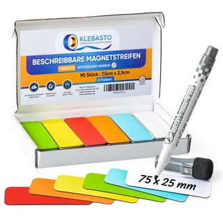 KLEBASTO Magnetstreifen beschreibbar | Magnetschilder zum Beschriften | Beschreibbare Magnete für Whiteboard,Kühlschrank,Magnettafel,Kanban (Mix (6 Farben), 75mm x 25mm)