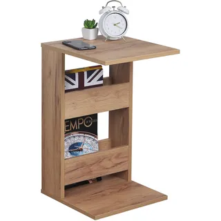 Ricoo Kleiner Beistelltisch Holz 35 x 60 x 40 cm WM042-EG Couchtisch mit Stauraum Eiche Gold Braun Wohnzimmertisch Kleiner Tisch Wohnzimmer Sofatisch Beistelltische C Form Konsolentisch