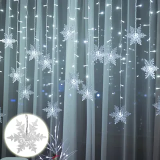 Schneeflocke Lichterkette 94LEDs Lichtervorhang Kaltweiß Innen 8 Modi IP44 Deko Für Weihnachten Fenster Balkon Garten Party - Weiß