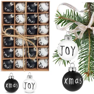 BRUBAKER 24-teiliges Set Weihnachtskugeln Joy & Xmas - 3 cm Mini Christbaumkugeln für Weihnachtsbaum - Handbemalter Christbaumschmuck Kugeln - Bruchsichere Weihnachtsbaumkugeln - Schwarz und Weiß