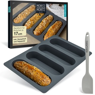 Moritz & Moritz Hot Dog Brötchen Backform Silikon 17cm – Mini Baguette Backform Silikon für Hotdogs, Minikuchen und große Müsliriegel inkl. Teigschaber und Rezeptheft