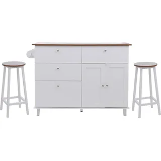 MCW Kücheninsel P62 mit 2 Sitzhockern Staufächer MDF 90x131x47cm Weiß Helles Holz
