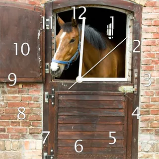 Wallario Design Wanduhr Pferd im Stall aus Echtglas, Größe 30 x 30 cm - Braun