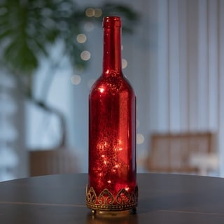 Jinfa LED Flaschenlicht Dekoflasche orientalische Lampe Tischdeko ROT - Geschenke für Frauen & Weihnachtsdeko LED Laterne Flaschenlicht - Ø8cm x h29cm Batteriebetrieben