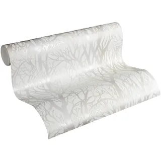 A.S. Création Vliestapete 10,05 m x 0,53 m mit modernem Waldmotiv - Weiß, Silber - Mustertapete im Metallic-Look - 300941