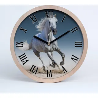 Holzuhr 20fi cm wanduhr - schwarze Spitzen - weißes Pferd in Galopp - Weiß