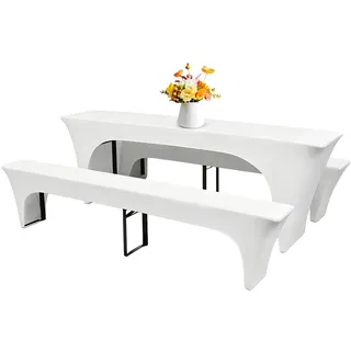 3er Set Bierbank Hussen, Hussen Für Bierzeltgarnitur, Biertisch Husse, Elastisch Biertischhussen, Knitterfrei Atmungsaktiv Elastische Biertischhussen Für 50 Cm Blickdicht Tisch, 220X50X70cm(Weiß)