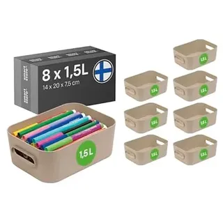 SmartStore Aufbewahrungsbox 8× 1.5 L | Klein S Aufbewahrungskorb mit Griffen für Küche, Badezimmer, Büro-Organizer, Regal Kunststoffbox | Beige Organizer mit 10 Jahren Garantie| L20 × W14 × H7.5 cm