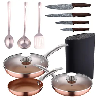 Set mit 5 Pfannen, 20,24,28 cm (mit Deckel), Aluminium, gepresst, Induktion, mit 3 Stuck, Kuchenutensilien, Edelstahl, mit 4 Messern mit Ta