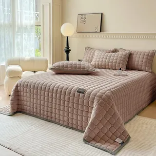 SHANNA Extra Große Bettdecke Tagesdecke: Milch Samt 3-Teilige Tagesdecke 230 X 250 cm mit Kissenbezügen 50 X 70 cm Elegantes Doppelbett Gefüttert Und Gesteppt für Wohnzimmer (Kaffeefarbe)