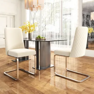 Sweiko Samt-Esszimmerstuhl, 2er-Set, Wohnzimmer, Schlafzimmer, Lounge-Sessel, Diamant-Rücken-Design, mit silbernen Metall-Stützbeinen, Beige - Beige