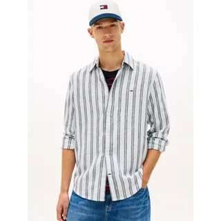 Langarmhemd TOMMY JEANS "REGULAR LINEN MIX STRIPES", Herren, Gr. XL, N-Gr, sweet blau stripes, Web, Obermaterial: 55% Leinen, 45% Baumwolle, gestreift, regular fit normal, Rundhals, eingesetzt Manschette, Hemden Langarmhemd, Regular fit mit Streifenmuster