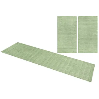 THEKO Bettumrandung »Gabbeh Uni, Handweb Teppich, meliert, reine Wolle« Höhe 14 mm 3 Stk. tlg. Bettvorleger, Uni-Farben, handgewebt, Läufer-Set, Schlafzimmer, grün