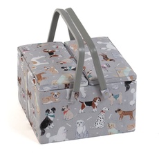 Hobby Gift Exclusive Große Aufbewahrungsbox für Näharbeiten mit zwei Deckeln, 25 x 25 x 17 cm, Graue Hunde