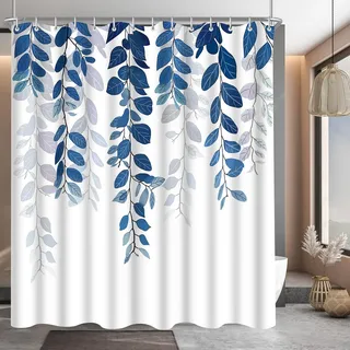Lerores Duschvorhang 200x200 cm Blaublatt, Beschwerter Saum Antischimmel Textil, Wasserabweisend, Waschbar Polyester Stoff Badevorhänge mit 12 Ösen und Duschvorhangringe für Badezimmer, Badewanne