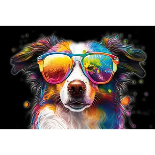 Leinwandbild BÖNNINGHOFF "Wandbild BUNTER HUND 60x90 cm – Leinwandbild Keilrahmen Deko modern", schwarz (farbe bild(er): schwarz, weiß, blau, gelb, pink), B:90cm H:60cm T:1,8cm, Canvas, MDF, Bilder, Leinwandbild, auf Keilrahmen gespannt