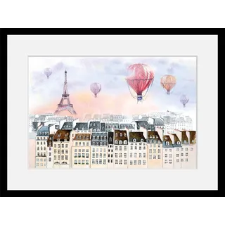 Bild QUEENCE "Heißluftballon in Frankreich", bunt (farbe rahmen: schwarz, farbe bild(er): bunt), B:50cm H:40cm, Acrylglas, Holz, Papier, Bilder, Bild, HD Premium Poster-Druck inkl. Holzrahmen