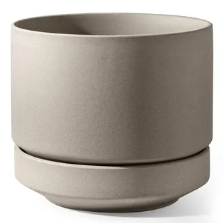 LE TAUCI Keramik Blumentopf Groß 30 cm mit Untersetzer, Großer Pflanzkübel für Außen & Innen, mit Drainageloch, Netz, Unglasiert & Atmungsaktiv, Modern für Terrasse – Neutral Grau