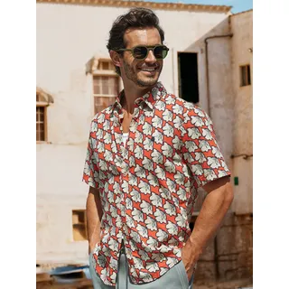 Kurzarmhemd LERROS "Kurzarmhemd mit floralem All-over-Print", Herren, Gr. 3XL, Normalgrößen, vivid rot, 80% Baumwolle, 20% Leinen, Hemden Kurzarmhemd