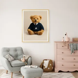 Bild mit Rahmen QUEENCE "Vintage Polo Teddy Bär mit Krawatte", beige (farbe rahmen: beige, farbe bild(er): blau), B:30cm H:40cm T:1,5cm, Acrylglas, Holzrahmen, Bilder, Bild mit Rahmen, HD Premium Poster-Druck inkl. Echtholzrahmen in beige