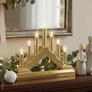 Hellum, LED-Kerzenleuchter, Schwibbogen, Kunststoff, Gold, 7 warm-weiße LEDs, 16x13 cm, Indoor, batteriebetrieben (2AA), Weihnachts-Dekoration, 520965