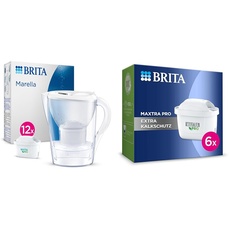 BRITA Wasserfilter-Kanne Marella weiß (2,4l) inkl. 12x MAXTRA PRO All-in-1 Kartusche & Wasserfilter-Kartusche MAXTRA PRO Extra Kalkschutz – 6er Pack