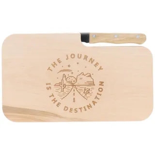 Spruchreif | Brotzeitbrett mit Messer "The Journey is the Destination" – Graviertes Holzbrett mit Camper-Motiv | Inspirierendes Geschenk für Reisefans & Campingfreunde