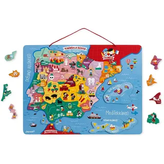Janod Spanienkarte, magnetisch, Puzzle für Kinder aus Holz, 60 magnetische Teile, Entdecken und Merken, Geographie-Lernspiel, ab 7 Jahren, J05478