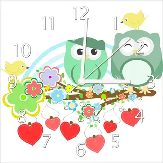 Wallario Design Wanduhr Bunte Eulen mit kleinen Vögeln auf dem Ast aus Echtglas, Größe 30 x 30 cm - Weiß