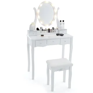 COSTWAY Schminktisch mit LED-Beleuchtung, 3 Farben mit Einstellbarer Helligkeit, Frisiertisch mit Hocker, drehbarem Spiegel, 5 Schubladen & Ablagegitter, Kosmetiktisch, weiß
