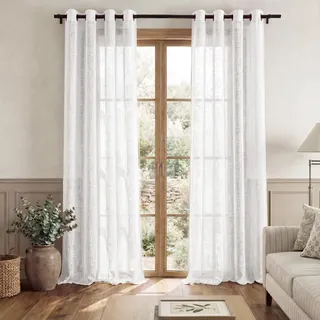 PONY DANCE Vorhänge Weiss Halbtransparent Schlafzimmer Gardinen mit Ösen 2er Set H 200 x B 140 cm Landhaus Gardine Leinenoptik Halbtransparent, Weiß