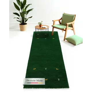 carpetfine Gabbeh Uni, Läufer grün, 80x400 cm | Moderner Teppich für Wohn- und Schlafzimmer